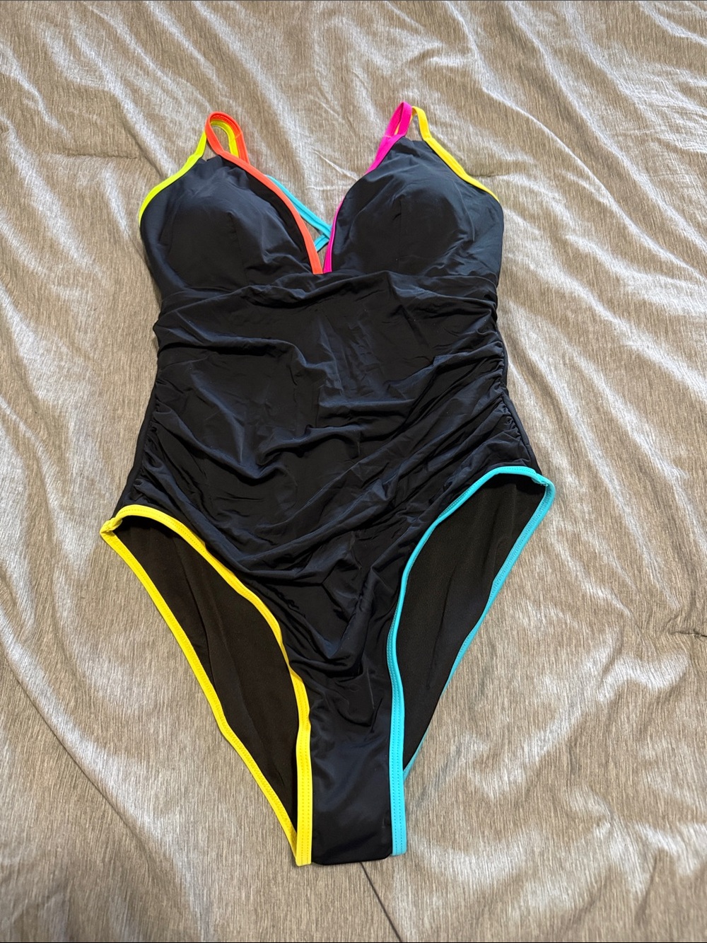 Black One-Piece Swimsuit with Neon Trim - Womens
